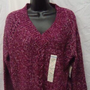 ST. JOHN'S BAY WOMEN'S SIZE P S SWEATER BURGUNDY BERRY PURPLE MARBLED V NECK NWT